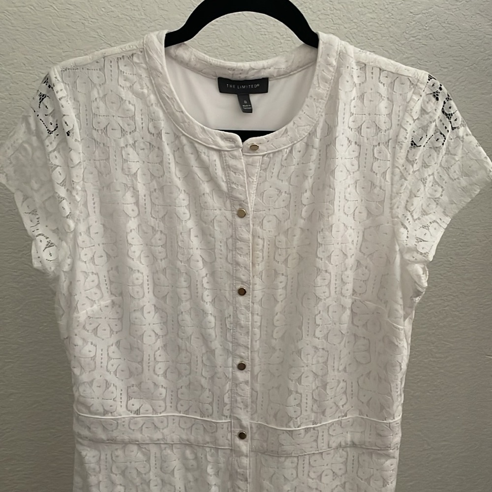 The Limited White Lace Short Sleeve Midi Dress with Gold Buttons